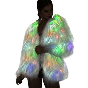 Led Fur Jacket For Women - Men Neon Light Up Coat White Glow Faux Fur Costume For Halloween Christmas Edc Rave Party Burning Man Outfit Clothing - Glow-Paradise