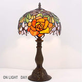 WERFACTORY Tiffany Style Table Lamp Bedside Stained Glass Lamp Red Rose Antique Desk Reading Light 10X10X18 Inches Decor Nightstand Bedroom Living Room Home Office S001 Series - Glow-Paradise