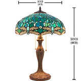 WERFACTORY Tiffany Table Lamp Green Stained Glass Dragonfly Bedside Lamp 16X16X24 Inches Antique Desk Reading Light Metal Base Decor Bedroom Living Room Home Office (LED Bulb Included) S622 Series - Glow-Paradise