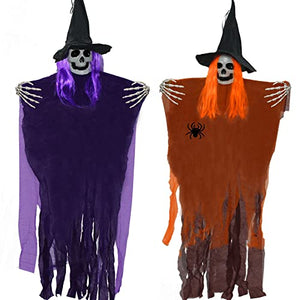 60'' Hanging Ghosts Halloween Decorations Outdoor Home, Halloween Hanging Grim Reapers Outdoor Skeleton Flying Ghost with Different Colored for Haunted House Prop Decor(Purple & Orange) - Glow-Paradise