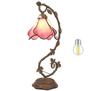 WERFACTORY Tiffany Lamp Pink Stained Glass Bedside Lamp, Thin Metal Leaf Table Desk Reading Light 8X10X21 Inches Decor Small Space Bedroom Home Office LED Bulb Included S70106A Series - Glow-Paradise
