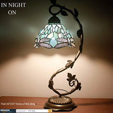 WERFACTORY Tiffany Lamp Bedside Table Lamp, Sea Blue Stained Glass Dragonfly Desk Reading Light, Thin Metal Leaf Base 8X10X21 Inches Decor Small Space Bedroom Home Office LED Bulb Included S147 Series - Glow-Paradise