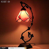 WERFACTORY Tiffany Lamp Pink Stained Glass Bedside Lamp, Thin Metal Leaf Table Desk Reading Light 8X10X21 Inches Decor Small Space Bedroom Home Office LED Bulb Included S70106A Series - Glow-Paradise