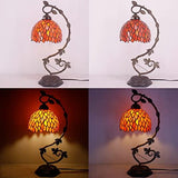 WERFACTORY Tiffany Lamp Stained Glass Table Bedside Lamp, Red Wisteria Desk Reading Light with Thin Metal Leaf Base 8X10X21 Inches Decor Small Space Bedroom Home Office LED Bulb Included S523R Series - Glow-Paradise
