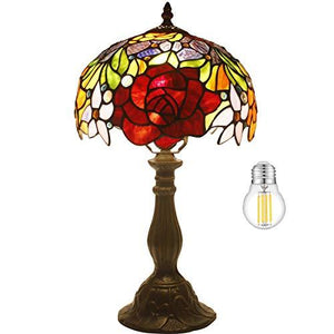 WERFACTORY Tiffany Style Table Lamp Bedside Stained Glass Lamp Red Rose Antique Desk Reading Light 10X10X18 Inches Decor Nightstand Bedroom Living Room Home Office S001 Series - Glow-Paradise