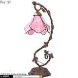 WERFACTORY Tiffany Lamp Pink Stained Glass Bedside Lamp, Thin Metal Leaf Table Desk Reading Light 8X10X21 Inches Decor Small Space Bedroom Home Office LED Bulb Included S70106A Series - Glow-Paradise