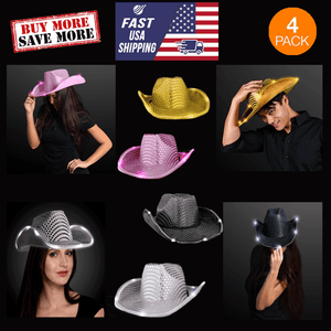 LED Flashing Cowboy Hat With Sequins (Assorted Colors, 4 Quantity Per Pack) - Glow-Paradise