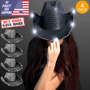 LED Flashing Cowboy Hat With Sequins (Black Color, 4 Quantity Per Pack) - Glow-Paradise