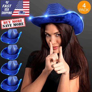 LED Flashing Cowboy Hat With Sequins (Blue Color, 4 Quantity Per Pack) - Glow-Paradise