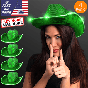 LED Flashing Cowboy Hat With Sequins (Green Color, 4 Quantity Per Pack) - Glow-Paradise