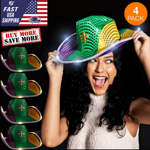 LED Flashing Cowboy Hat With Sequins (Mardi Gras, 4 Quantity Per Pack) - Glow-Paradise