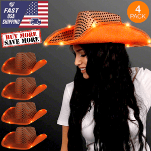 LED Flashing Cowboy Hat With Sequins (Orange Color, 4 Quantity Per Pack) - Glow-Paradise