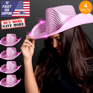 LED Flashing Cowboy Hat With Sequins (Pink Color, 4 Quantity Per Pack) - Glow-Paradise
