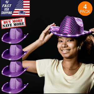 LED Flashing Cowboy Hat With Sequins (Purple Color, 4 Quantity Per Pack) - Glow-Paradise