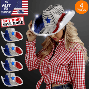 LED Light Up Tri-Color Cowboy Hat With Sequins (White Red Blue, 4 Quantity Per Pack) - Glow-Paradise