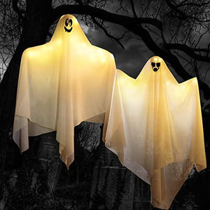 JOYIN 2 pcs Light Up White Hanging Ghost with White LED Lights, 35.4” Hanging Flying Ghost for Halloween Outdoor Yard Tree Porch, Haunted House Decoration - Glow-Paradise