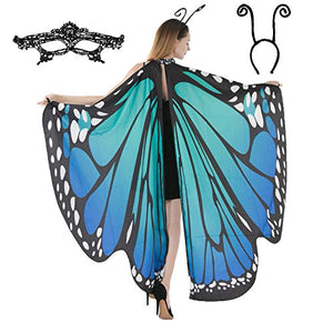 Butterfly Wing Cape Shawl with Lace Mask and Black Velvet Antenna Headband Adult Women Halloween Costume Accessory (Blue) - Glow-Paradise