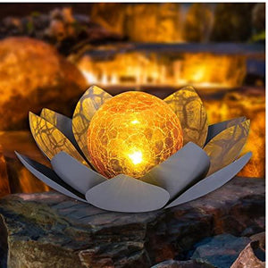 Huaxu Solar Lights Outdoor Garden Decor , Amber Crackle Globe Glass Lotus Decoration,Waterproof Gray Metal Flower Light for Patio,Lawn,Walkway,Tabletop,Ground - Glow-Paradise
