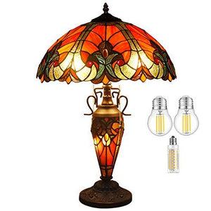 WERFACTORY Tiffany Lamp Red Stained Glass Liaison Mather-Daughter Vase Table Lamp 16X16X24 Inch Antique Desk Reading Light Decor Bedroom Living Room Home Office (LED Bulb Included) S160R Series - Glow-Paradise