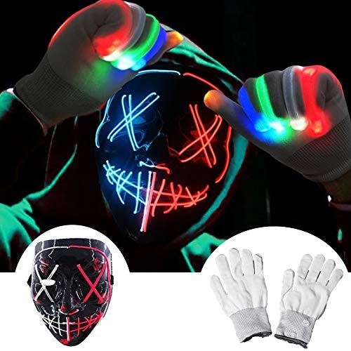 Halloween Scary Mask with LED Gloves Kit, LED Costume Mask EL Wire Light Up Mask for Halloween Costume Festival Cosplay(Red & blue) - Glow-Paradise