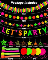 502 Feet Paper Neon Garland Streamers Let's Party Banner UV Black Lights Glow in The Dark Party Supplies Decorations Reactive Fluorescent Blacklight Party Wedding Birthday Neon Party Favors - Glow-Paradise