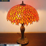 WERFACTORY Tiffany Table Lamp Red Wisteria Stained Glass Bedside Lamp 16X16X24 Inches Antique Desk Reading Light Metal Base Decor Bedroom Living Room Home Office (LED Bulb Included) S523R Series - Glow-Paradise