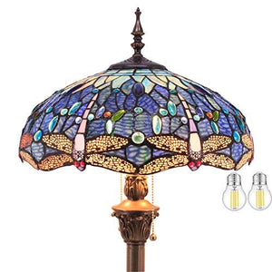 WERFACTORY Tiffany Floor Lamp Dragonfly Blue Stained Glass Standing Reading Light 16X16X64 Inches Antique Pole Corner Lamp Decor Bedroom Living Room Home Office (LED Bulb Included) S631 Series - Glow-Paradise