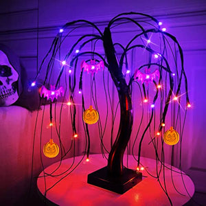24 LED Orange Purple Lighted Halloween Willow Tree Decoration with Timer DIY 3 Bats & 3 Pumpkins Battery Operated 18'' Artificial Black Spooky Tree Halloween Decorations Tabletop Indoor Home Party - Glow-Paradise