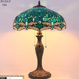 WERFACTORY Tiffany Table Lamp Green Stained Glass Dragonfly Bedside Lamp 16X16X24 Inches Antique Desk Reading Light Metal Base Decor Bedroom Living Room Home Office (LED Bulb Included) S622 Series - Glow-Paradise