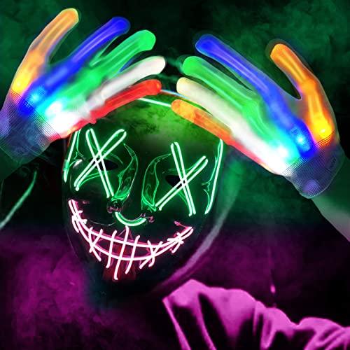 Halloween Scary Mask with LED Gloves Kit, LED Costume Mask EL Wire Light Up Mask for Halloween Costume Festival Cosplay (Green & Pink) - Glow-Paradise