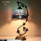 WERFACTORY Tiffany Lamp Stained Glass Table Lamp Blue Dragonfly Thin Bedside Lamp Desk Light with Metal Leaf Base 8X10X21 Inches Decor Small Space Bedroom Home Office LED Bulb Included S004 Series - Glow-Paradise