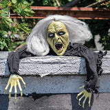 Prextex Halloween Gray Haired Zombie Skull with Posable Skeletal Hands - Best Halloween Decoration Prop for Garden, Lawn, car - Glow-Paradise