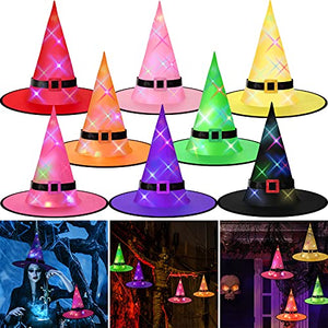 8 Pieces Halloween Hanging Lighted Witch Hat Decorations Halloween Decorations Glowing Witch Hat Lights Battery Operated Hanging Lighted Glowing Witch Hat for Outdoor, Yard, Tree (8 Colors) - Glow-Paradise