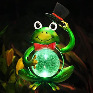 Garden Solar Lights Outdoor Decorations, Waterproof Frog Crackle Glass Globe Metal Garden Stake Lights, Solar Powered LED Green Light for Halloween Christmas Pathway Lawn Patio Yard Decor(Hat) - Glow-Paradise