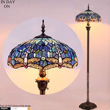 WERFACTORY Tiffany Floor Lamp Dragonfly Blue Stained Glass Standing Reading Light 16X16X64 Inches Antique Pole Corner Lamp Decor Bedroom Living Room Home Office (LED Bulb Included) S631 Series - Glow-Paradise
