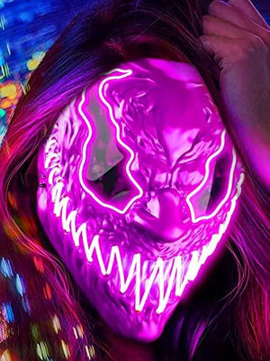 Venobat Halloween Mask LED Light Up Mask for Adults Kids - Cool Neon Glow Mask with Dark and Evil Glowing Eyes 3 Lighting Modes El Wire for Halloween Costume Festival Cosplay (Purple) - Glow-Paradise