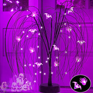 20 Inch Halloween Tree for Table Decor, 40 LED Lighted Willow Tree Light Purple Halloween Lights with Spiders Bats Tabletop Artificial Black Spooky Tree Halloween Decorations for Home Party - Glow-Paradise