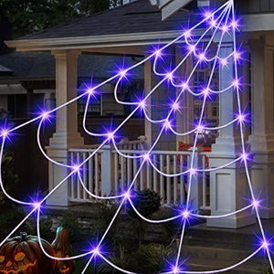 Outdoor Halloween Decorations Spider Web Lights, 14.8 x 16.4 FT Triangular White Spider Web with 135 LED Purple Lights, Large Size Halloween Decor for Indoor or Outdoor - Glow-Paradise