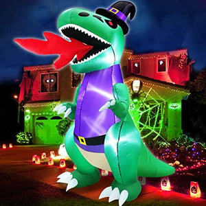 TURNMEON 8 Ft Halloween Inflatables Fire-Breathing Dinosaur with Witch Hat LED Lights Halloween Blow Up Halloween Decorations Outdoor Yard Lawn Garden Home Party Decor - Glow-Paradise