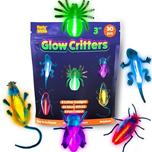 PartySticks Glow Critters 30pk Glow in The Dark Bug Toys and Glow Sticks - 3 Inch Fake Bugs Party Favors, Glow in The Dark Party Decorations - 10 Light Up Fake Toy Bugs, 20 Mini Glow Sticks - Glow-Paradise