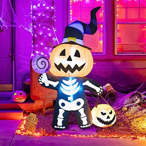 GOOSH 6 FT Height Halloween Inflatable Outdoor Pumpkin with Skull Body, Blow Up Yard Decoration Clearance with LED Lights Built-in for Holiday/Party/Yard/Garden - Glow-Paradise