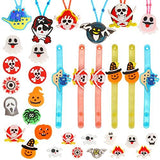 LOKIPA 54PCS Halloween Party Favors Toys, Light Up Halloween Toys with 30 Flash Rings + 6 Necklaces + 6 Bracelets + 12 Brooches LED Halloween Kids Toys Glow in the Dark Party Supplies for Halloween Decorations Party Games Gift - Glow-Paradise