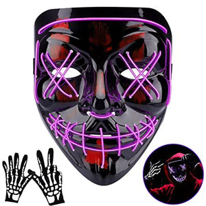 Halloween Mask LED Light Up Scary Mask with Skull Gloves 3 Lighting Modes for Festival Parties Cosplay (purple) - Glow-Paradise