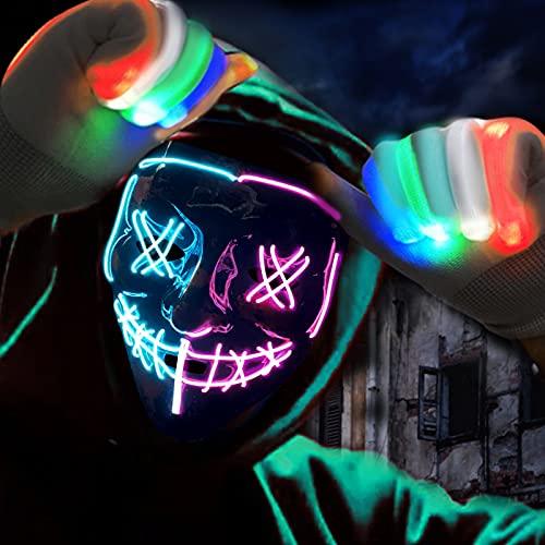 Halloween Scary Mask with LED Gloves Kit, LED Costume Mask EL Wire Light Up Mask for Halloween Costume Festival Cosplay(Pink&Blue) - Glow-Paradise