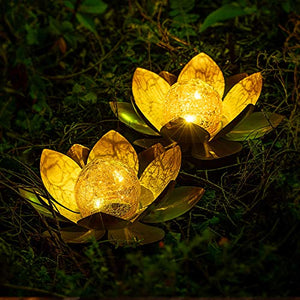 AIINY Garden Solar Light Outdoor(2Pack) , Amber Crackle Globe Glass Lotus Decoration , Waterproof Orange Metal LED Flower Lights for Patio,Lawn,Walkway,Tabletop,Ground - Glow-Paradise