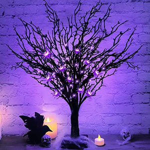 TURNMEON 2FT Prelit Halloween Black Tree Decor with Timer, 25 Spider & 24 Purple Lights Halloween Battery Operated Spooky Artificial Tree Halloween Indoor Tabletop Home Holiday Decoration - Glow-Paradise