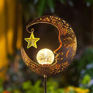 Hapjoy Solar Lights Outdoor Garden Decor Solar Moon Lantern for Patio,Lawn or Pathway Moon Decorations Crackle Glass Globe Stake Metal Lights Waterproof Warm LED Garden Gifts (Bronze) - Glow-Paradise