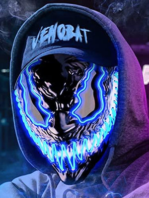 Venobat Halloween Mask LED Light Up Mask for Adults Kids - Cool Neon Glow Mask with Dark and Evil Glowing Eyes 3 Lighting Modes El Wire for Halloween Costume Party Festival Cosplay (Blue) - Glow-Paradise