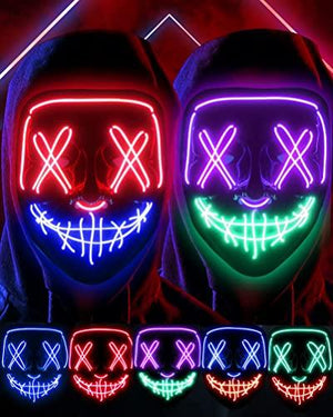 Halloween Purge Light Up Mask Glow Costume Neon Face Masks Led Scary Scream Rave Cool 2 Pack Cheap Glowing for Adults Men Women Teens Kids Girls Boys Parties Movie La Máscara 3 Light Modes Purple Red - Glow-Paradise