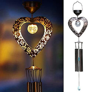 Solar Wind Chimes for Outside Deep Tone Heart LED Crackle Glass Ball LED Decor Light Windchime Metal Elegant Hanging Decorations Gifts for Mom Women Yard Porch Birthday Christmas Mother Gift (Bronze) - Glow-Paradise